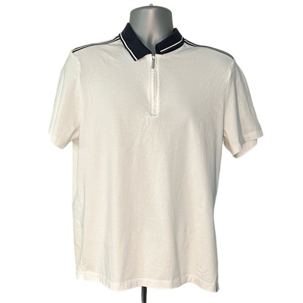 Perry Ellis Mercerized Cotton White and Blue Zip Front Short Sleeve Polo Size L